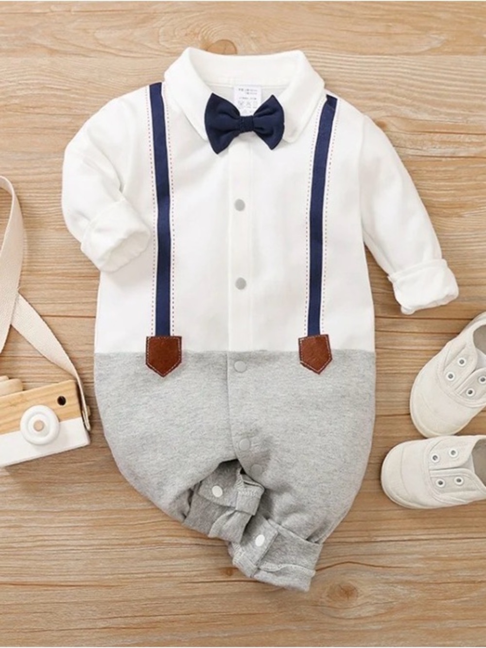 Baby Boys Gender Neutral Long Sleeve Button Bow Tie Romper Jumpsuit, Size 9-12M